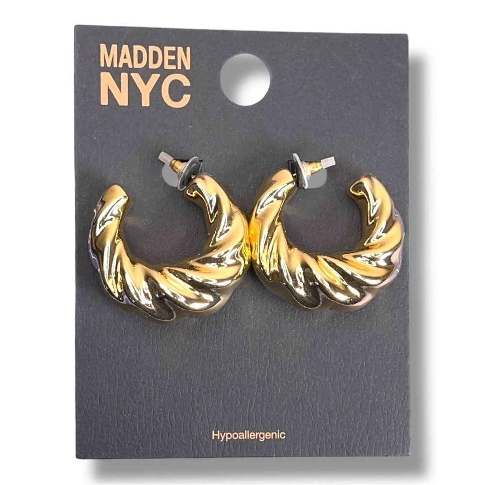 New Madden NYC Gold Braided Thick Hoop Earrings Hypoallergenic Crescent